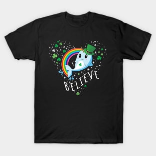 St. Patrick's Day Irish Leprechaun Narwhal with Shamrocks & Rainbow T-Shirt